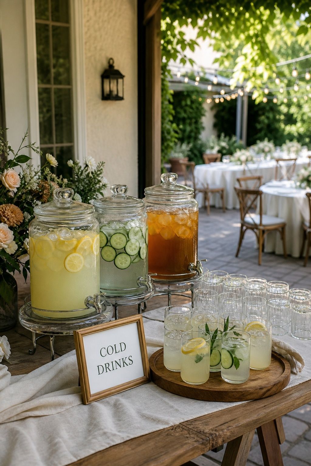 Cold drinks served to arriving summer wedding guests