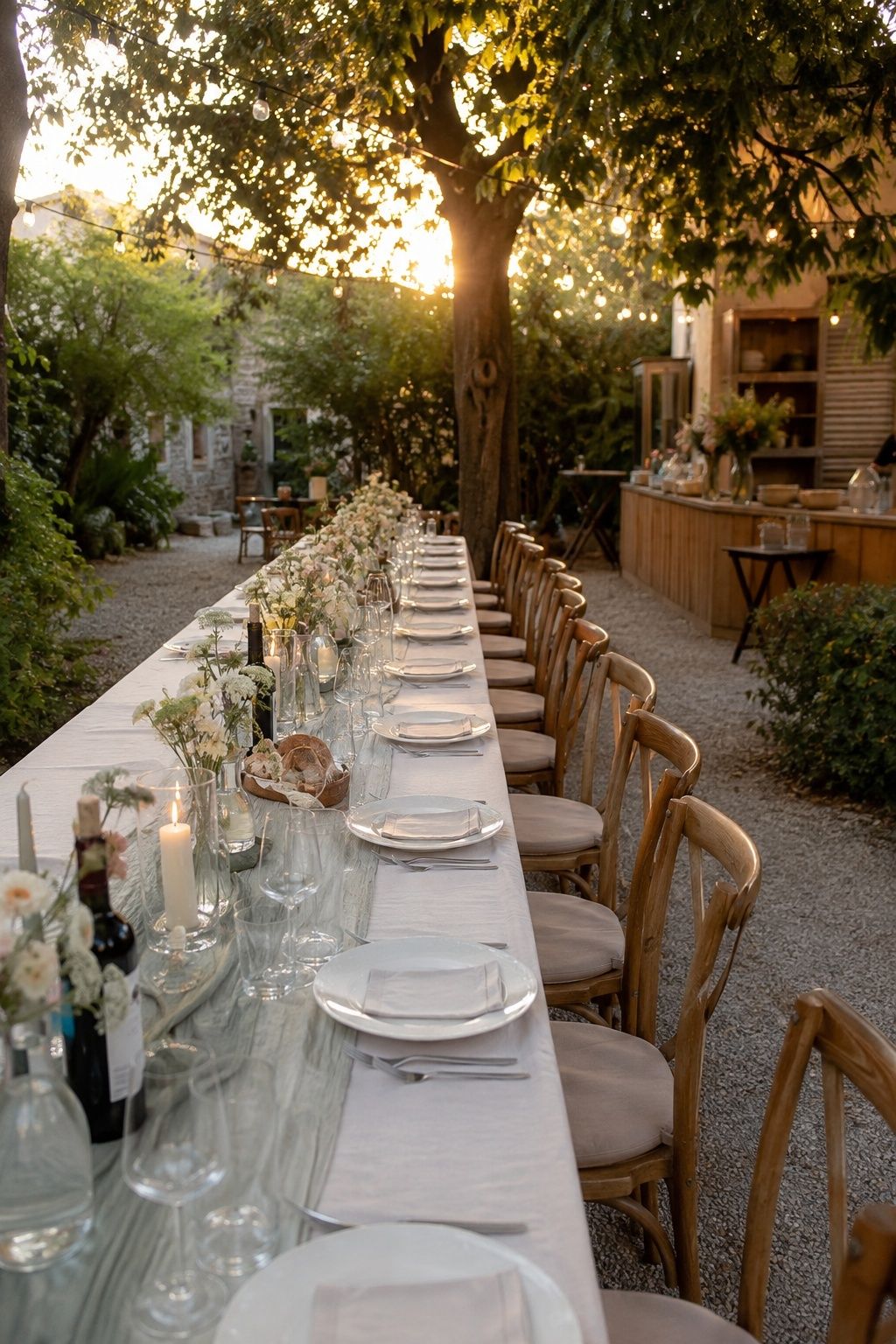 Guests seated at one long summer dinner table
