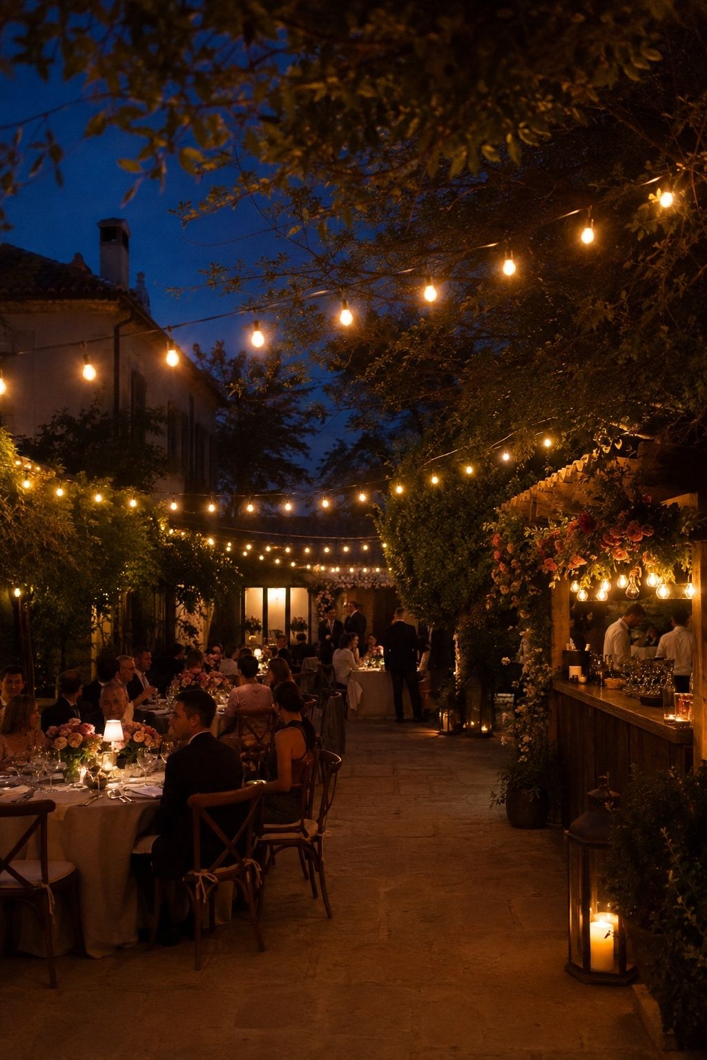 String lights as a summer evening begins