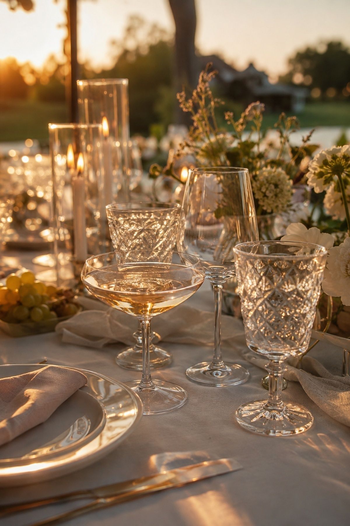 Glassware catching golden evening light