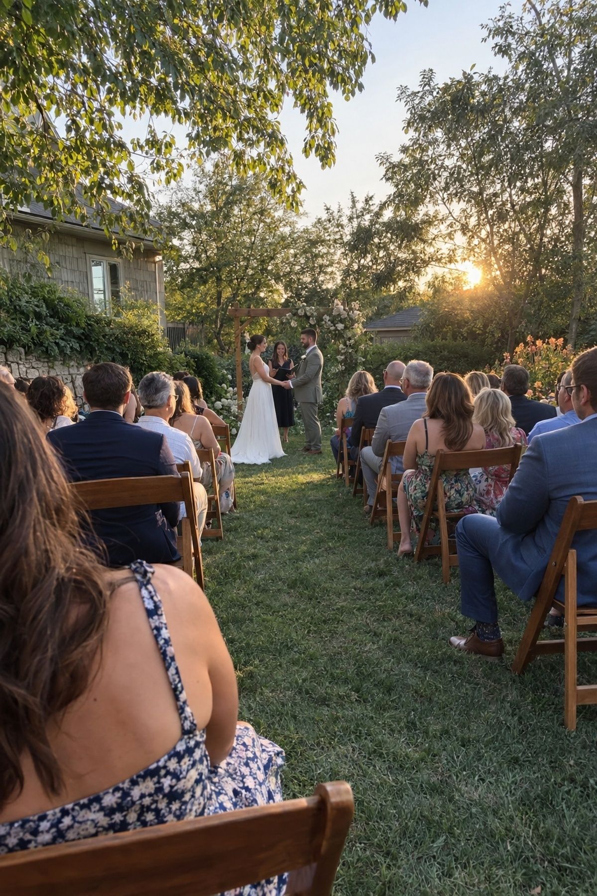 Small garden ceremony beginning in softened light before summer sunset
