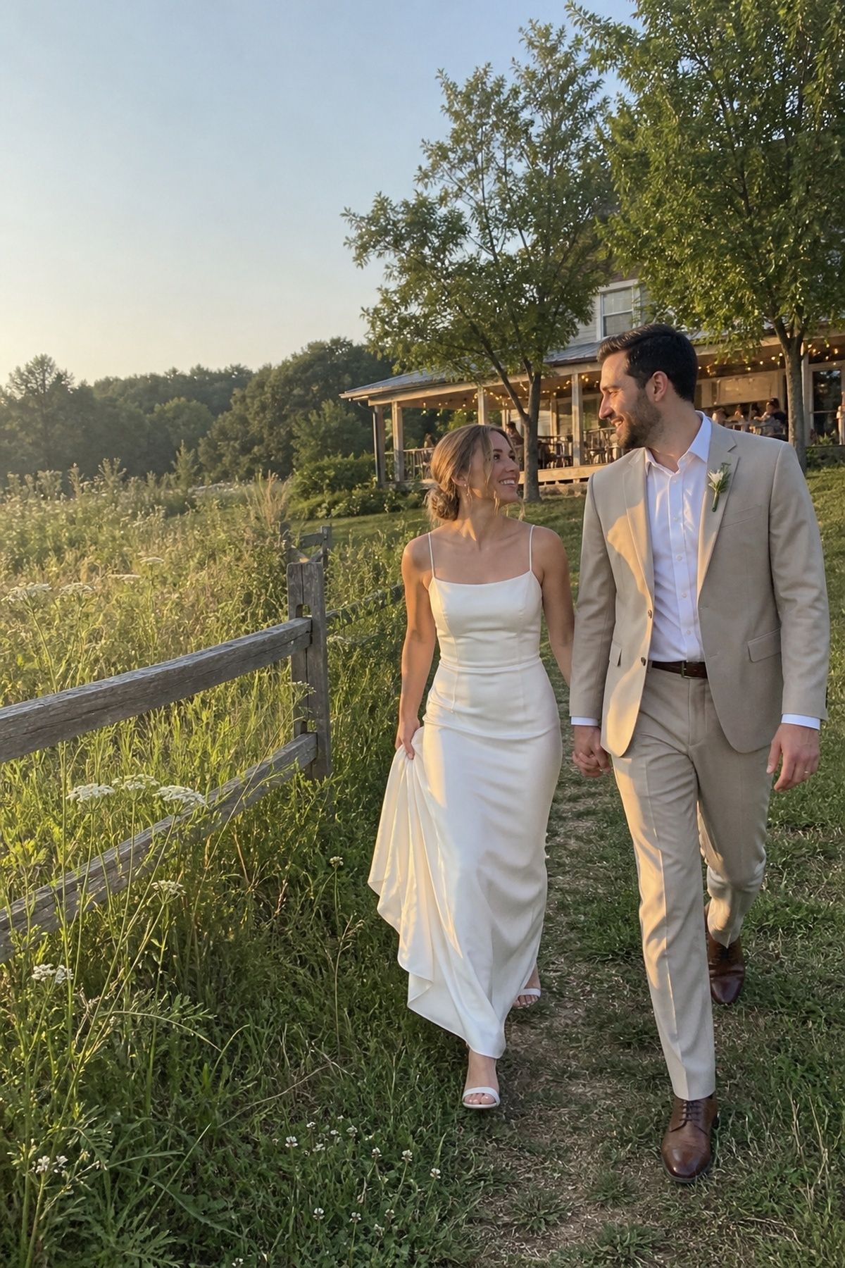 Newlyweds taking a brief golden hour portrait near their reception porch