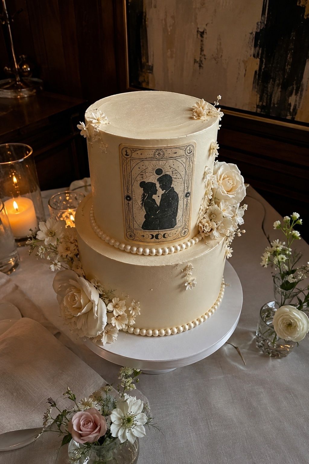 Custom tarot card cake depicting the couple