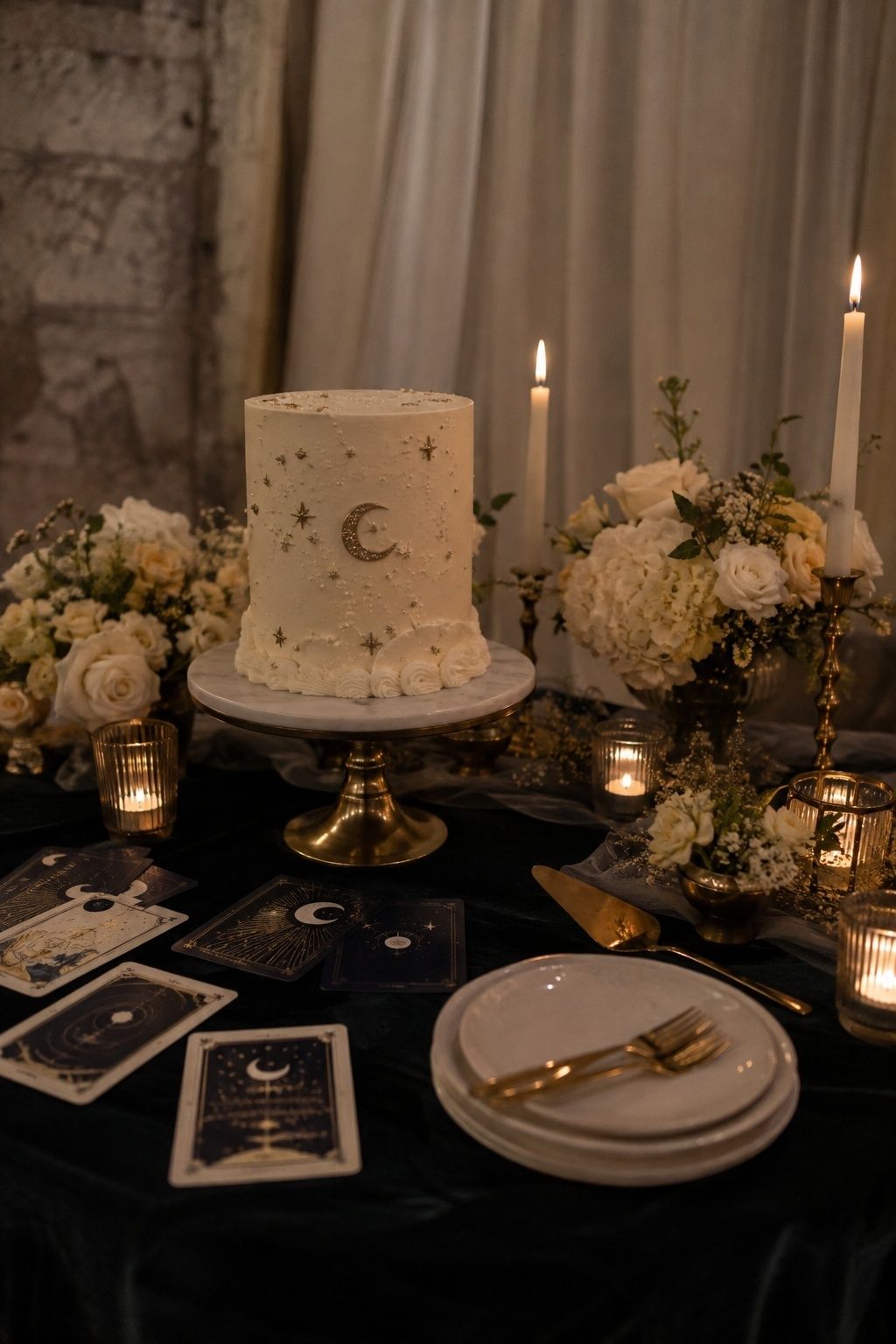 Celestial cake table with a tarot cake
