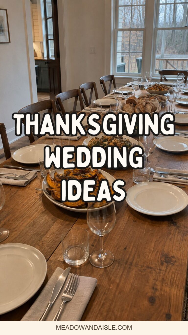 Thanksgiving wedding ideas pin over a family-style late-autumn wedding dinner