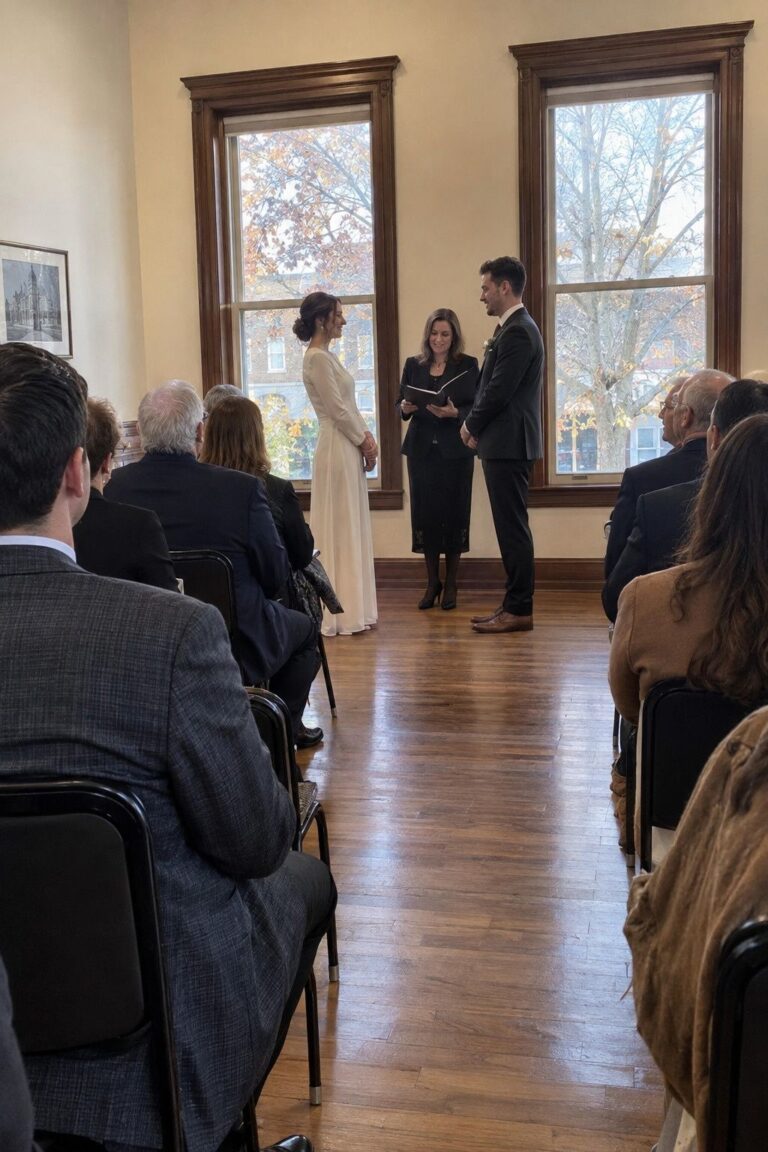 A small late-November town hall ceremony with the couple and officiant at the front