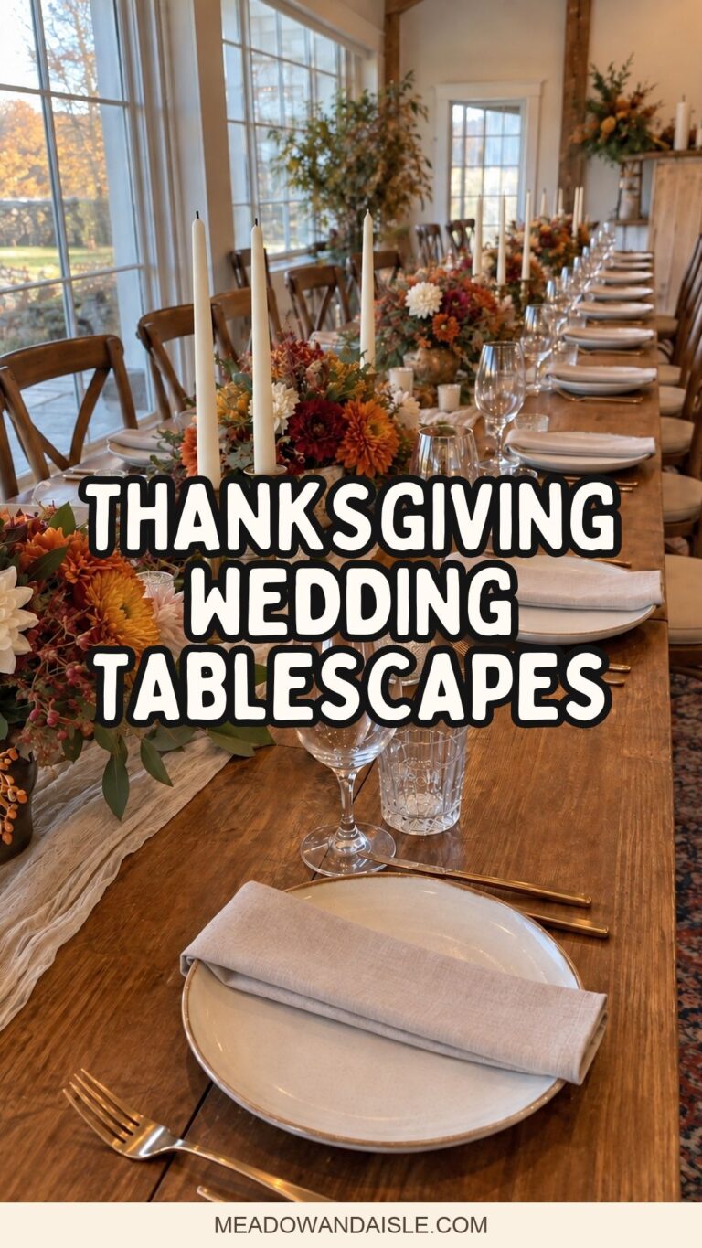 Thanksgiving wedding tablescapes Pinterest pin over a long autumn reception table