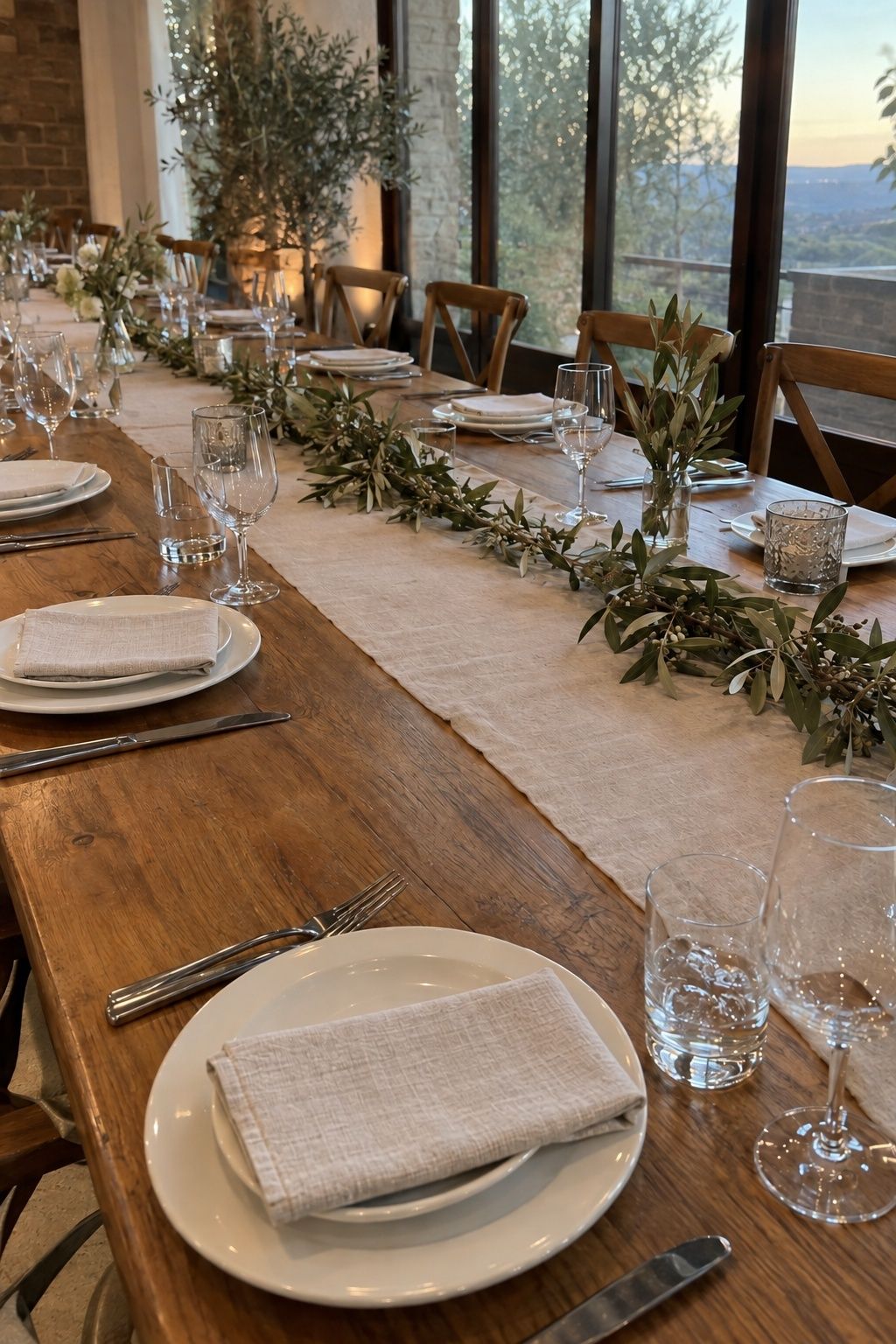 Low greenery runner with room for serving dishes