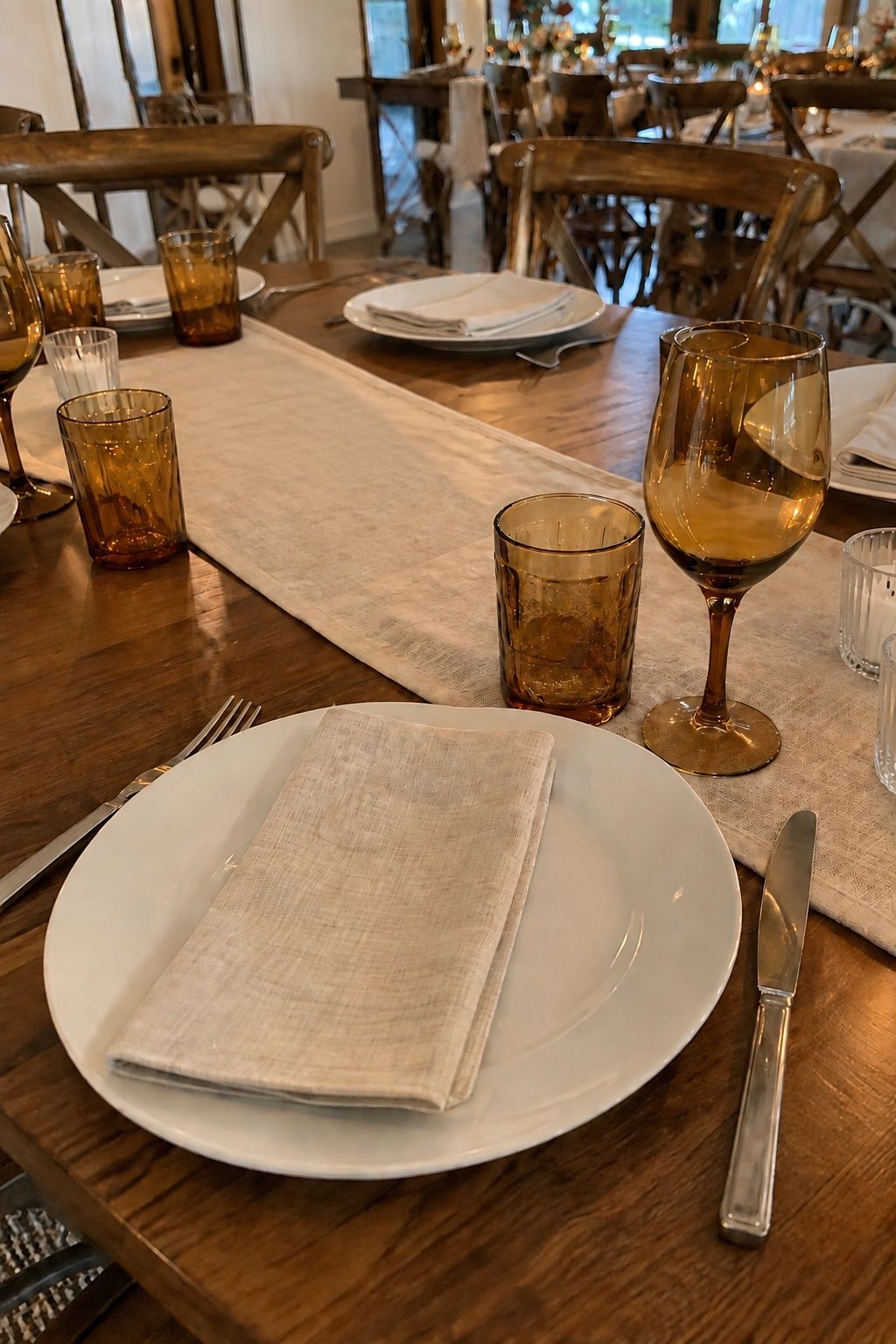 Amber glassware with simple white plates