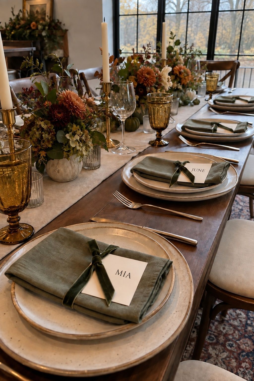 Place cards tied with velvet ribbon