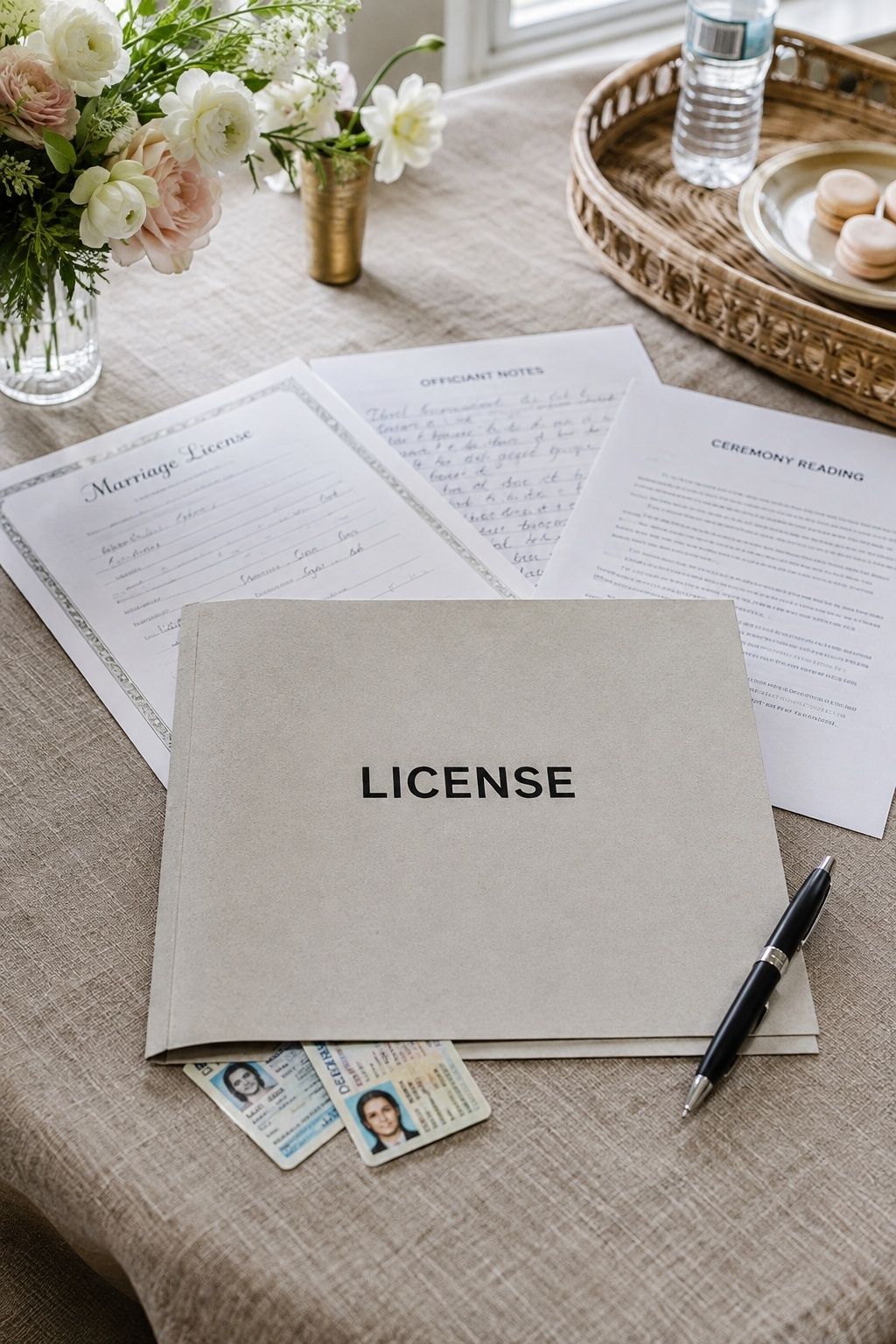 Marriage license, ID and paperwork for the wedding day