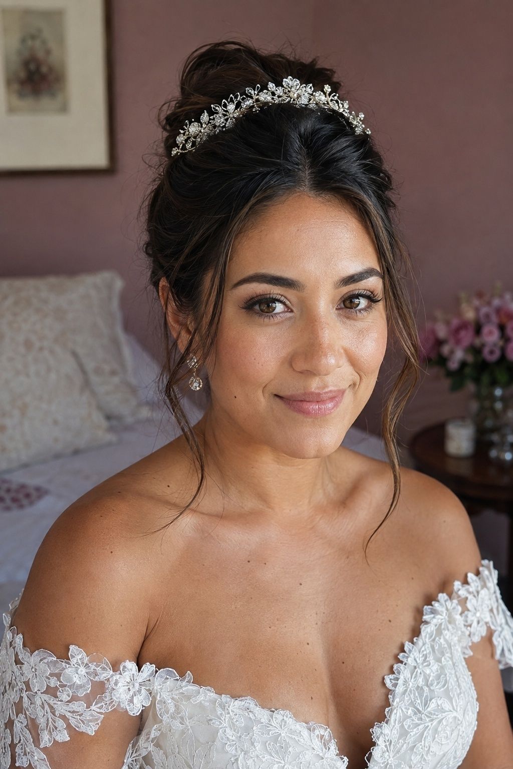 Tiara updo with soft face-framing strands