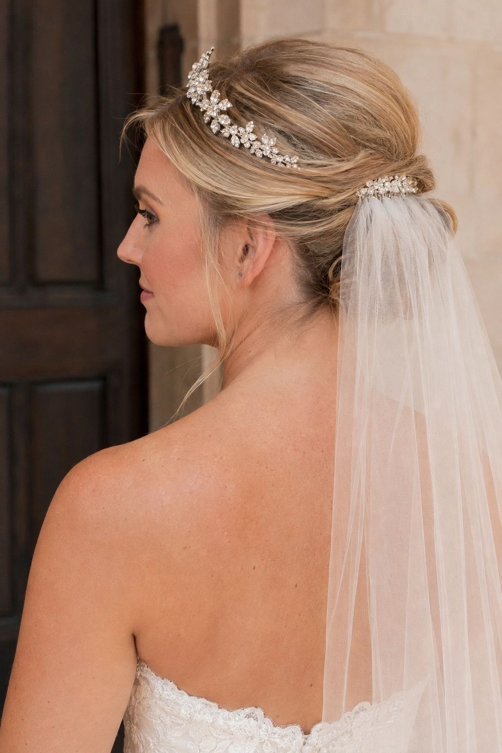 Bridal hairstyle with a tiara and veil