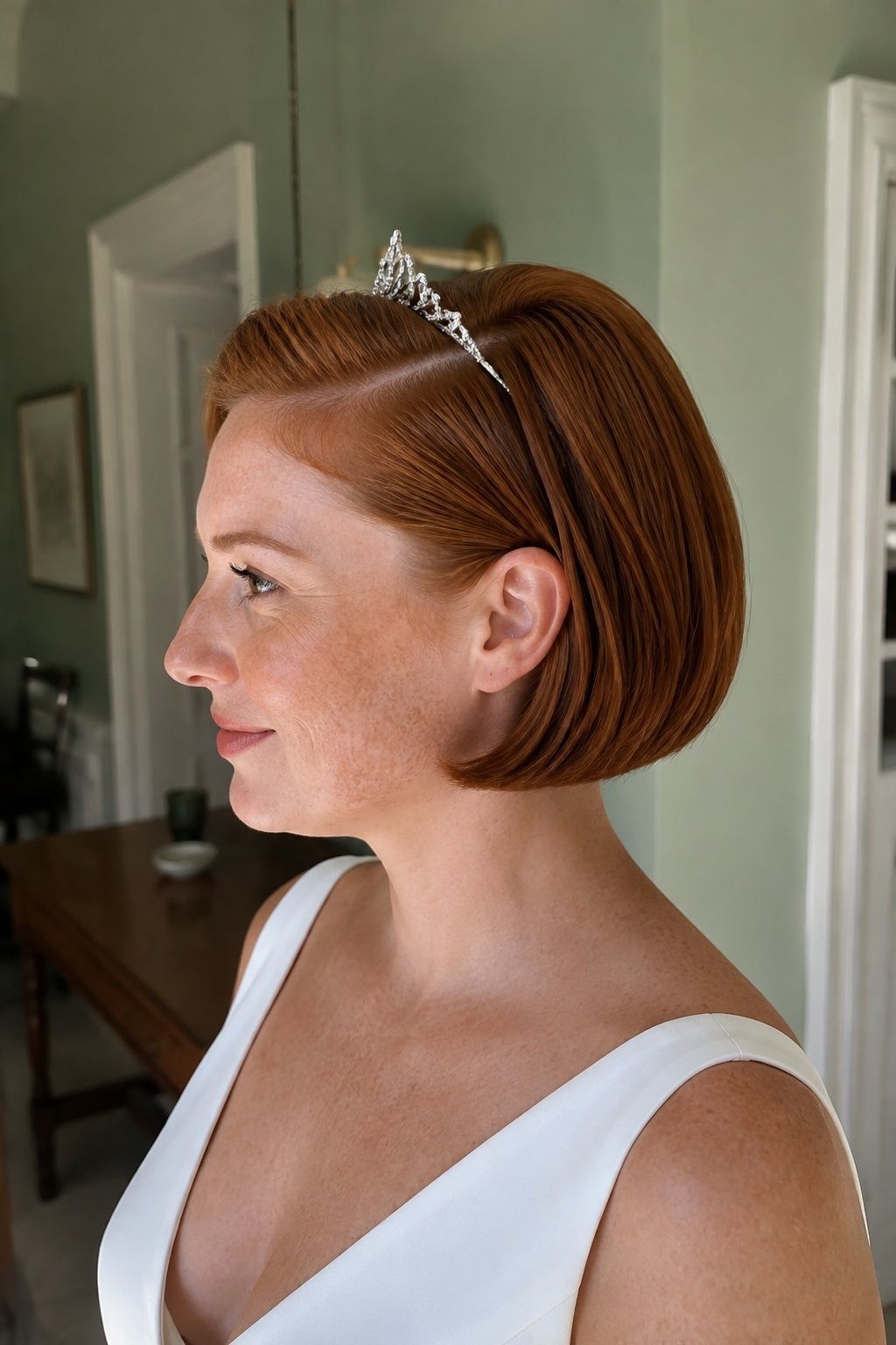 Short bridal hair with a mini tiara