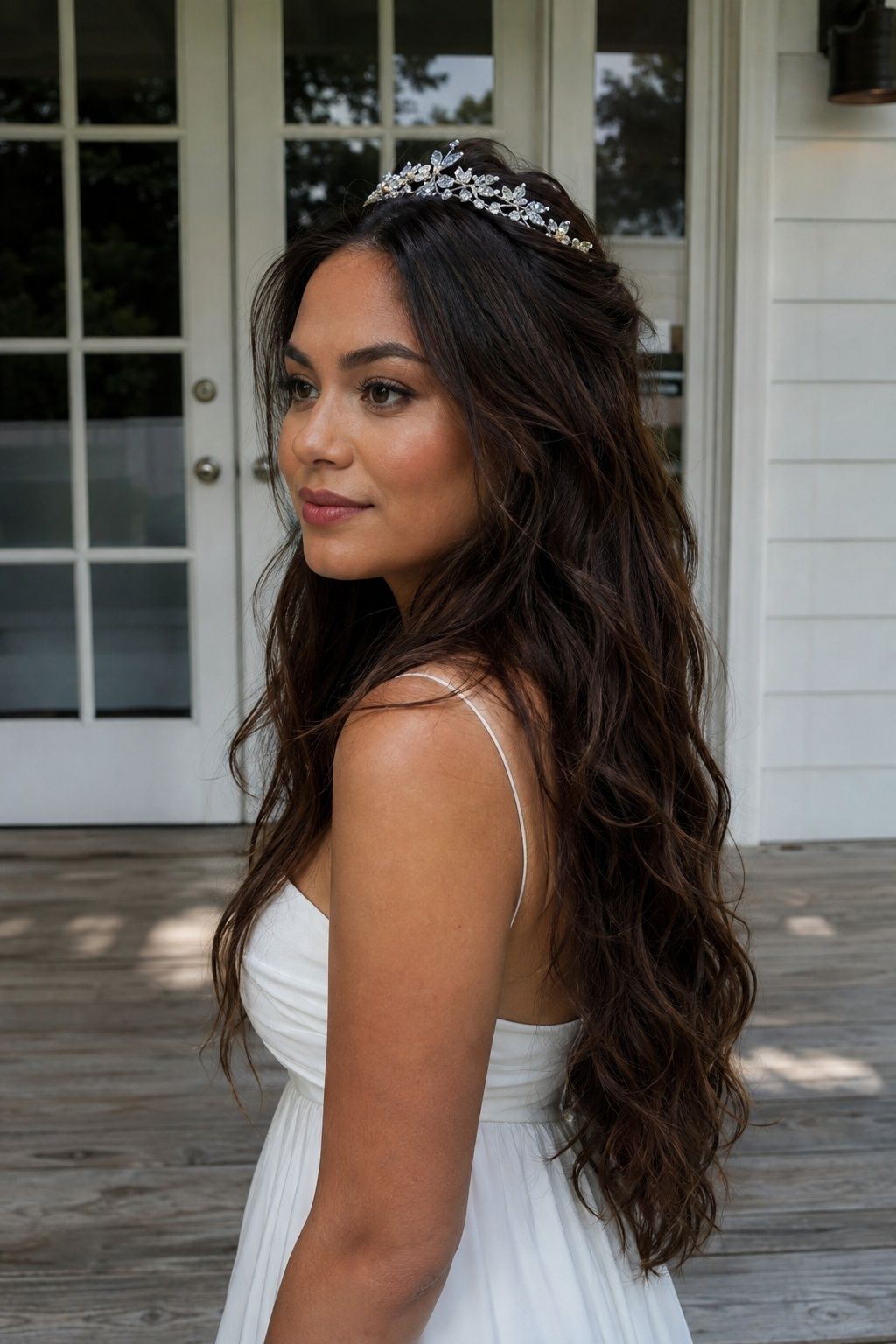 Long loose hair with a tiara secured by hidden grips
