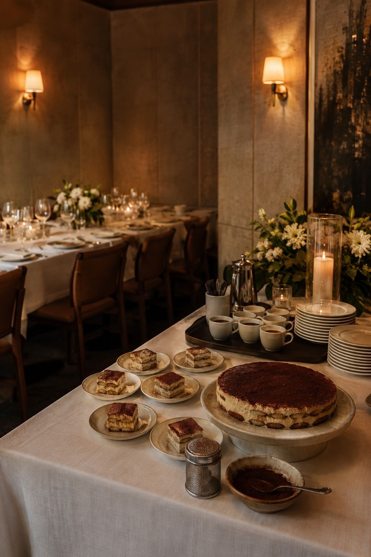 Tiramisu dessert table at a private dining wedding