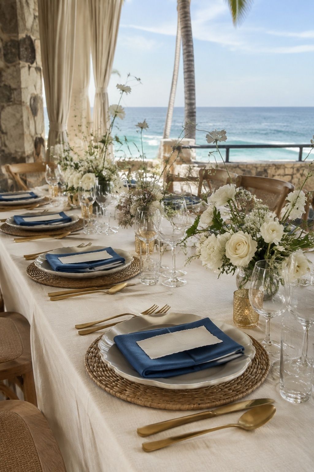 Ocean blue, ivory, sand and warm gold palette