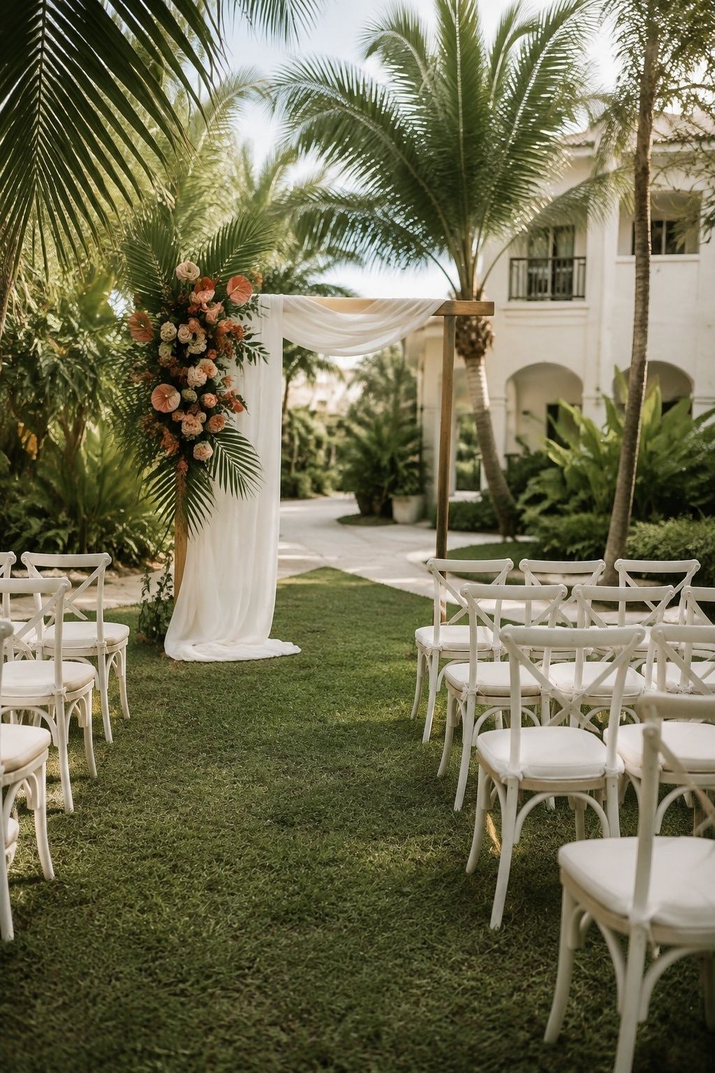 Coral, palm green and coconut white wedding colors