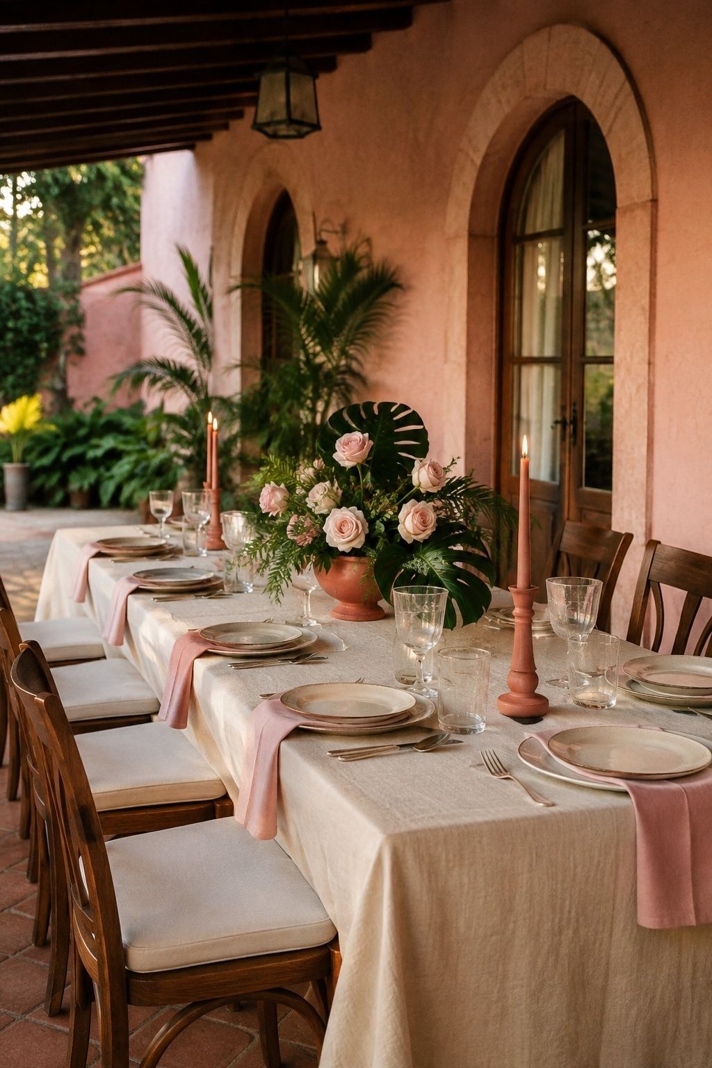 Terracotta, blush, cream and deep green palette