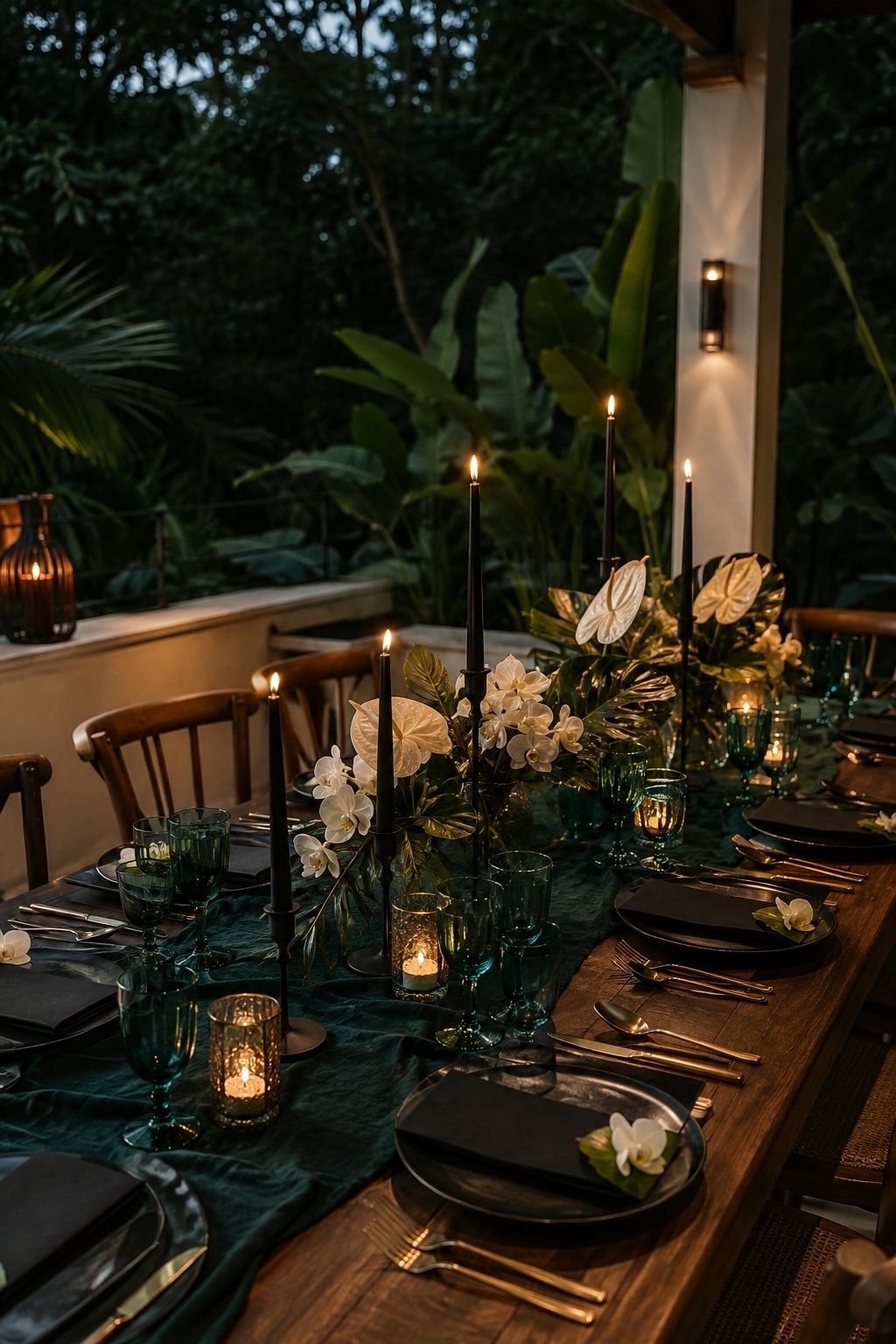 Emerald, teal and black decor by candlelight