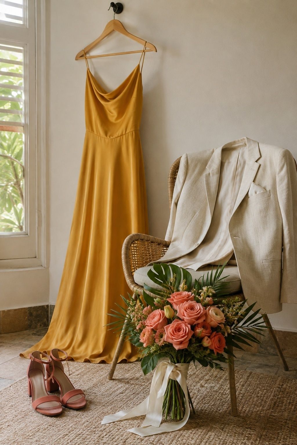 Mustard, coral, ivory and tropical green palette