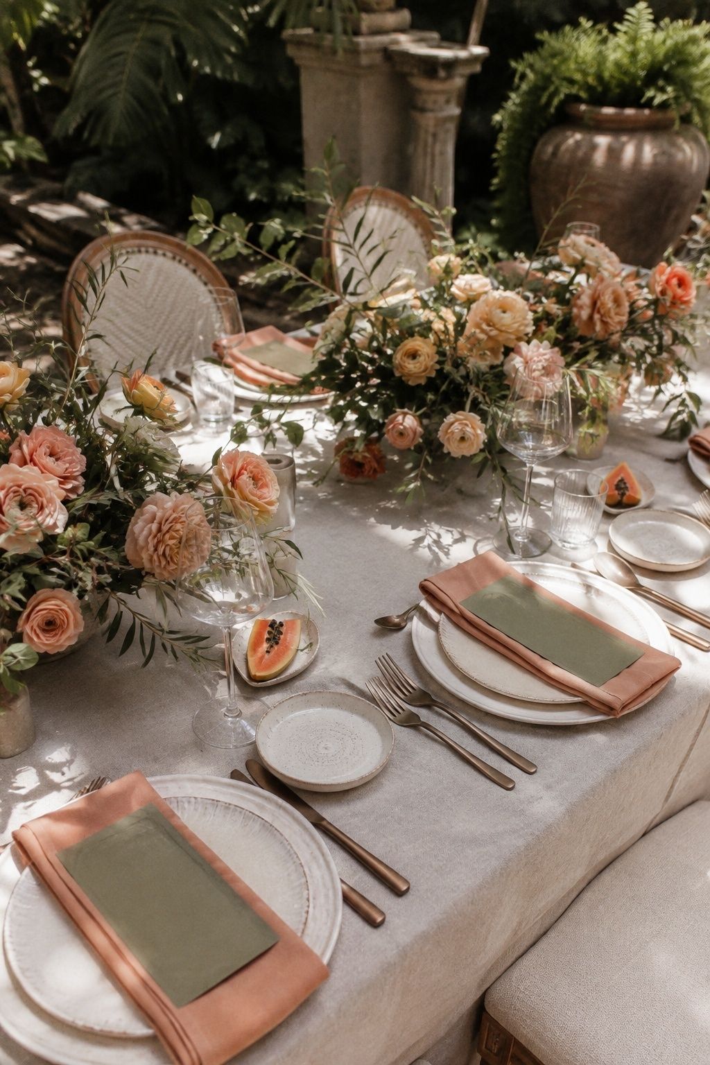Papaya, peach, cream and olive wedding colors