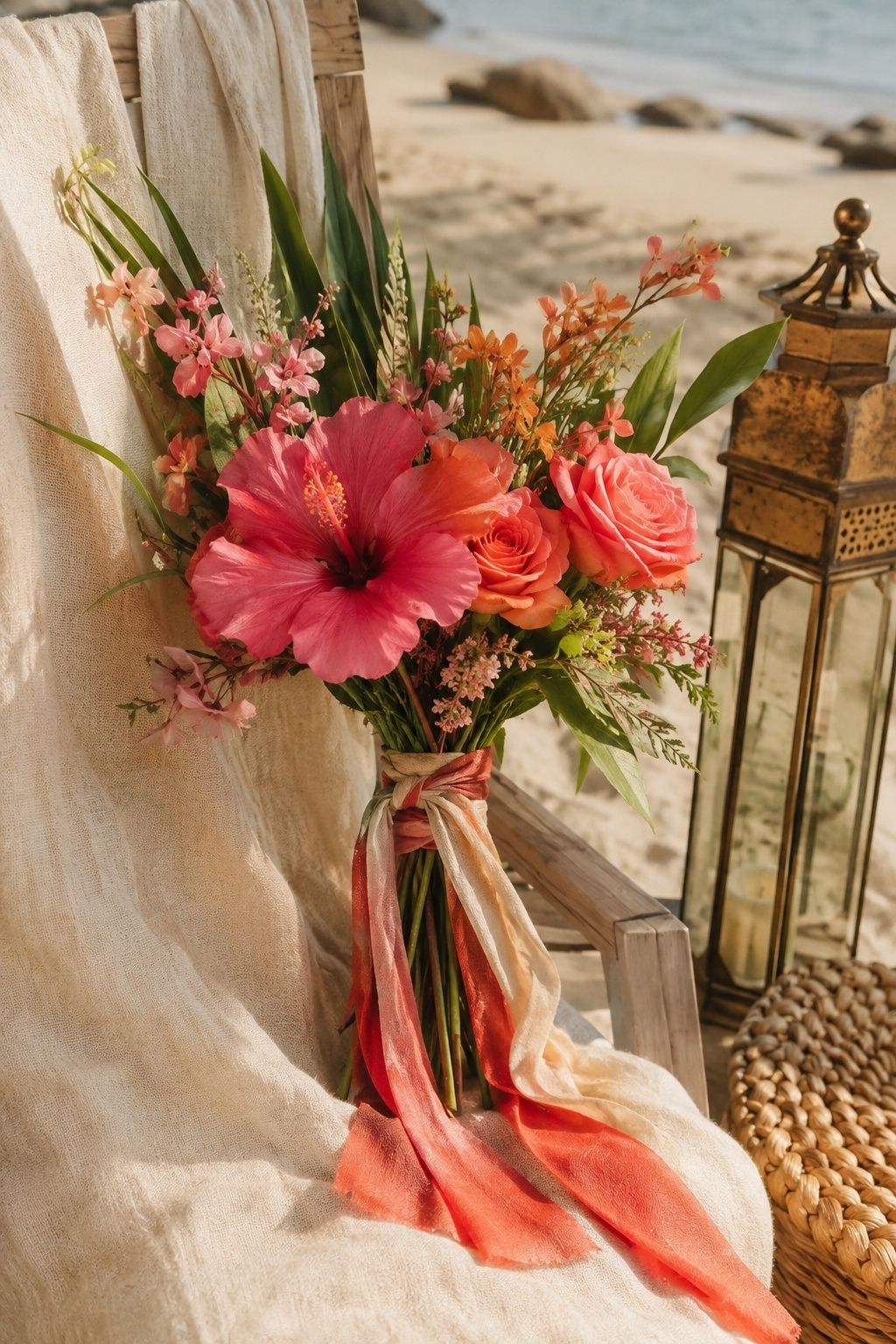 Hibiscus pink, coral, sand and brass wedding colors