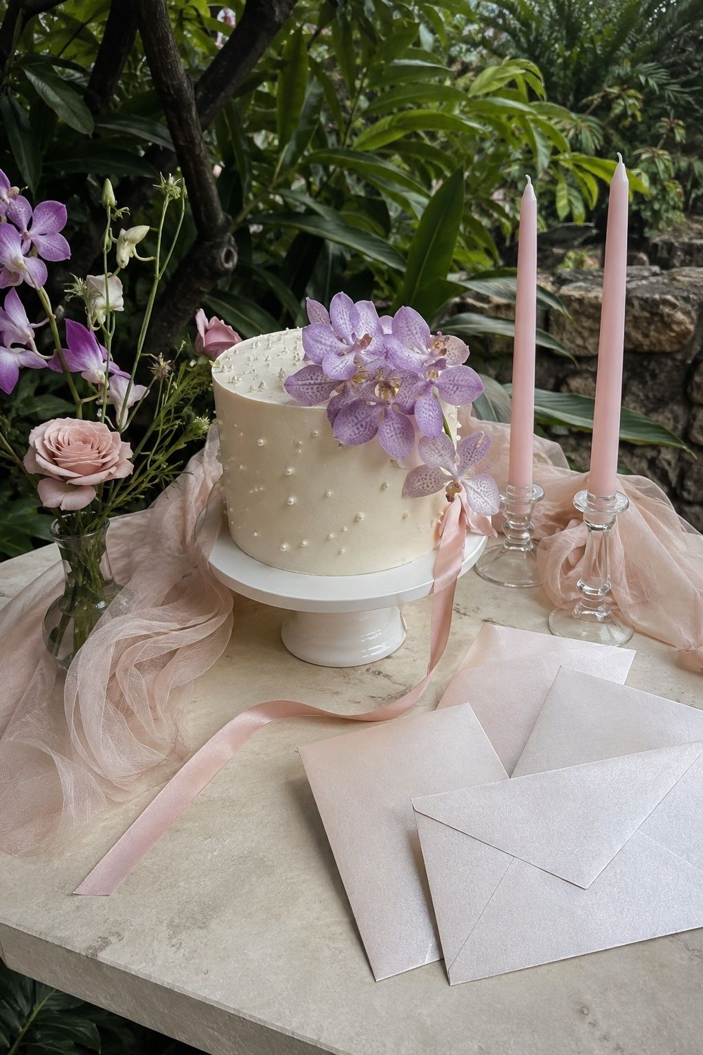 Lavender orchid, shell pink and pearl palette