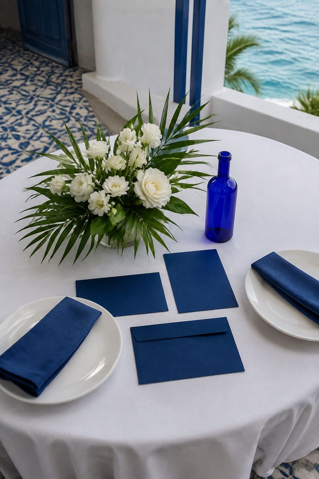 Cobalt, palm green and crisp white wedding colors