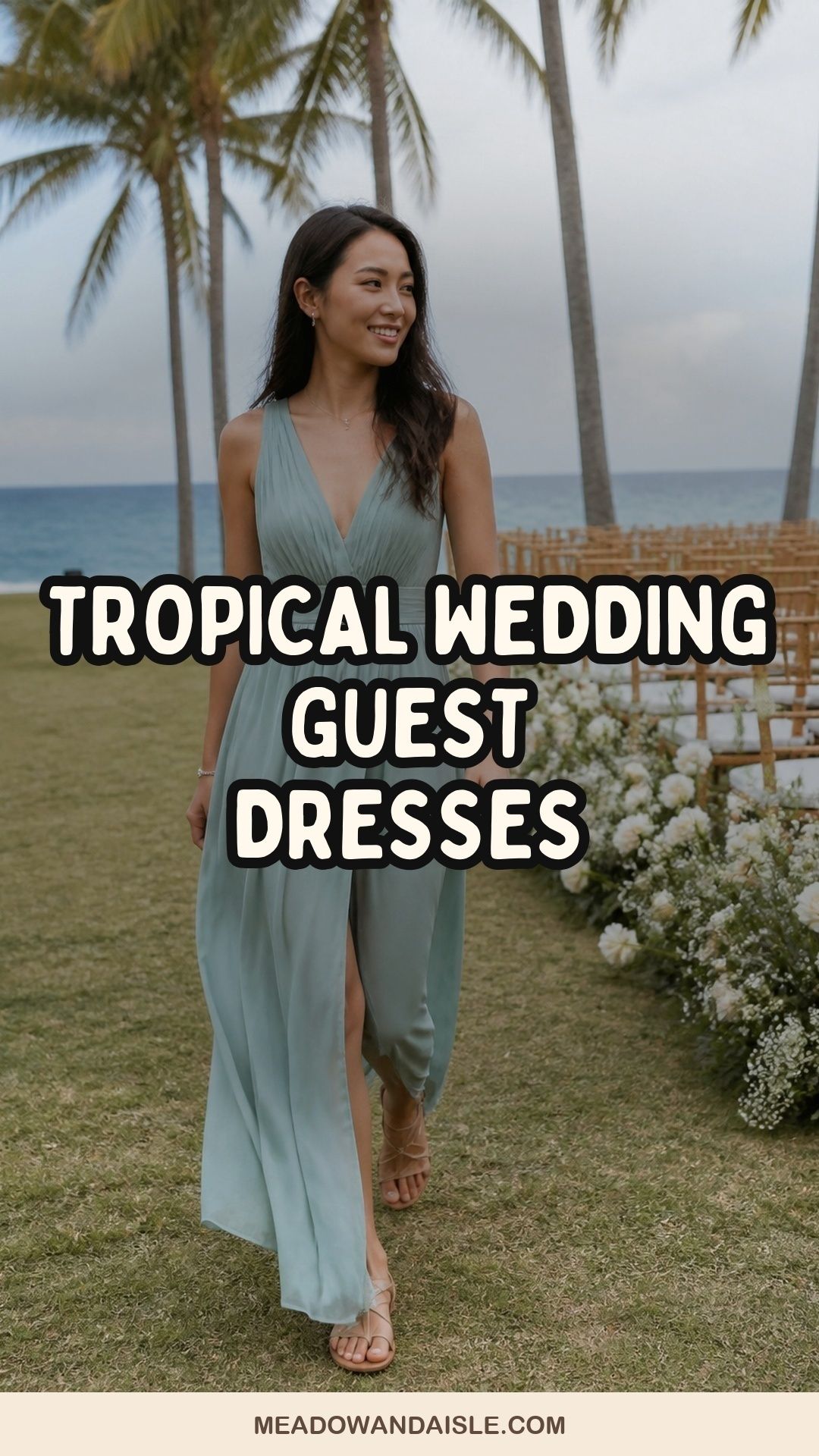 Pinterest pin with the title Tropical Wedding Guest Dress Ideas