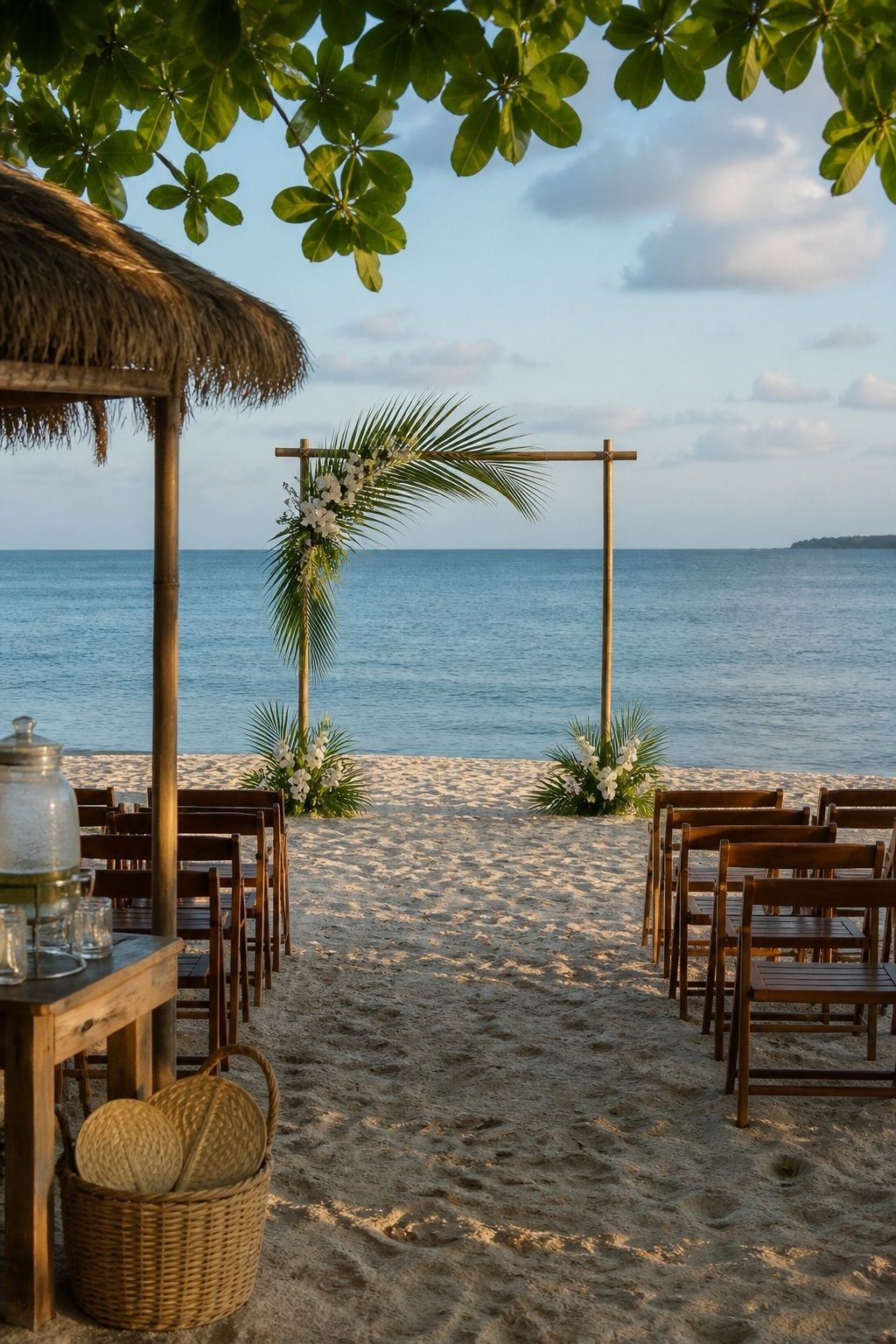 Beach Ceremony With A Simple Palm Frame tropical wedding inspiration