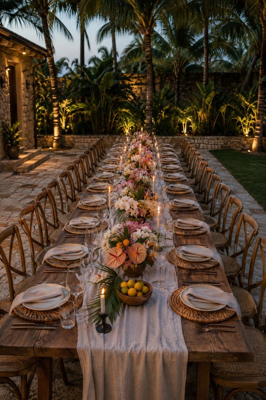 Tropical Garden Dinner With Long Tables tropical wedding inspiration