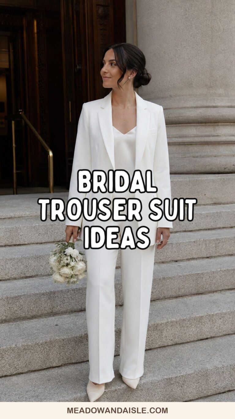 Bridal trouser suit ideas with a white city hall wedding suit