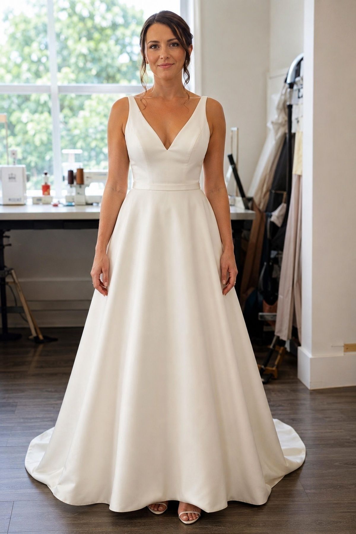 Two-hoop petticoat giving a clean A-line bridal silhouette