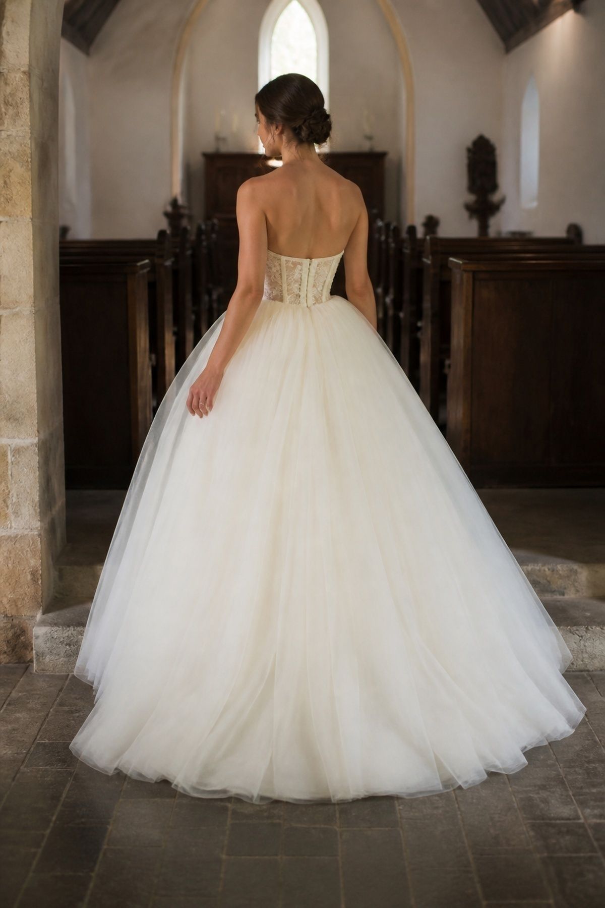 Ball gown held out by a full tulle crinoline