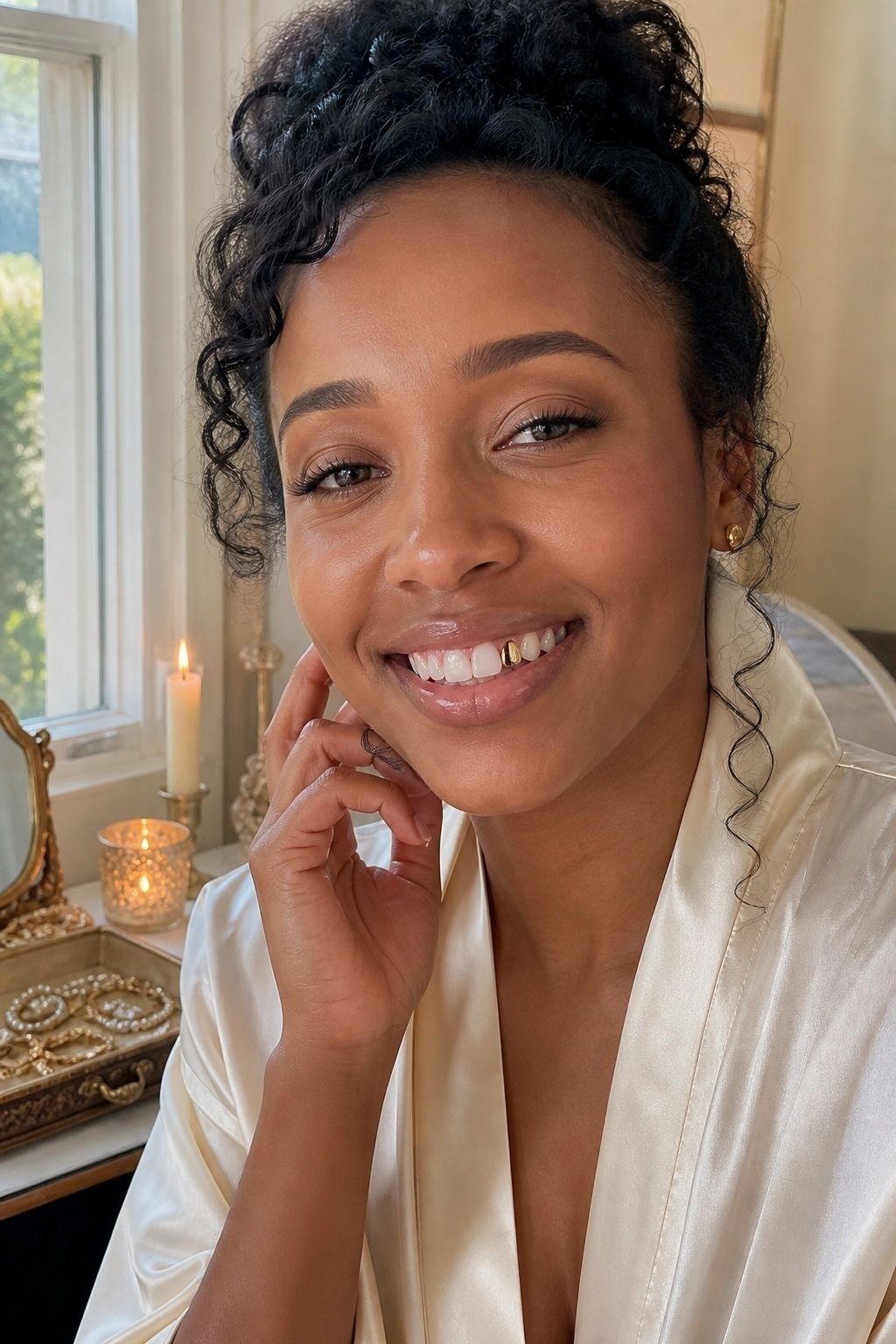 Minimal gold two-tooth grillz on a wedding day