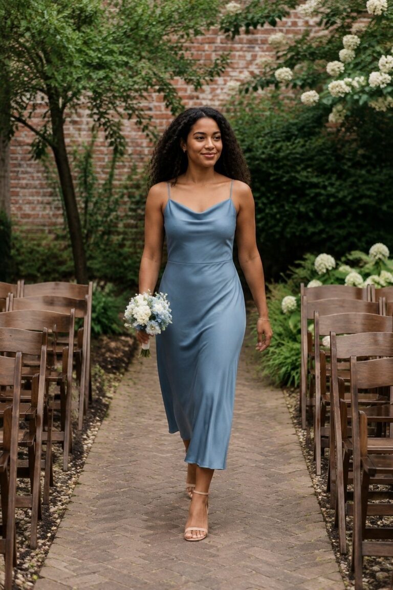 Bridesmaid walking alone along a narrow garden ceremony aisle