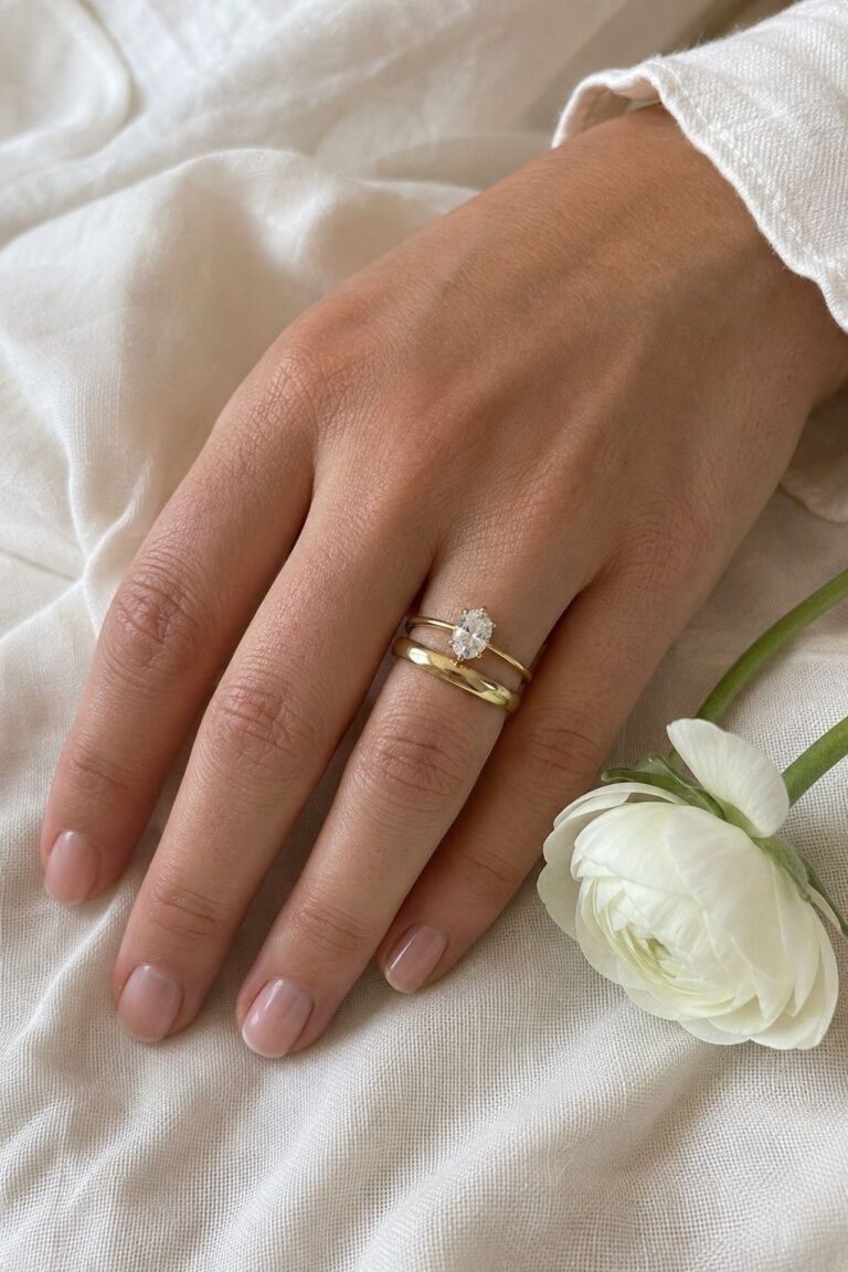 Oval diamond ring with one smooth yellow gold anchor wedding band on a natural hand