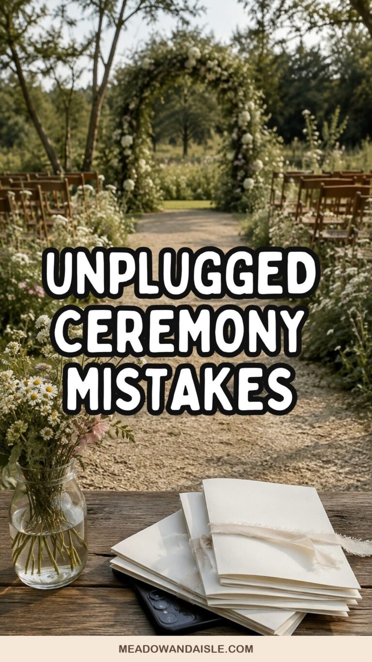 Unplugged ceremony mistakes to avoid, illustrated by a phone tucked beneath ceremony programs
