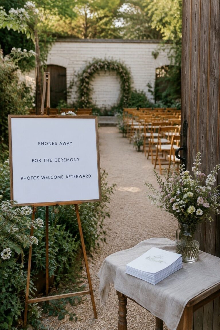 Eye-level unplugged ceremony reminder placed beside programs before the garden ceremony aisle