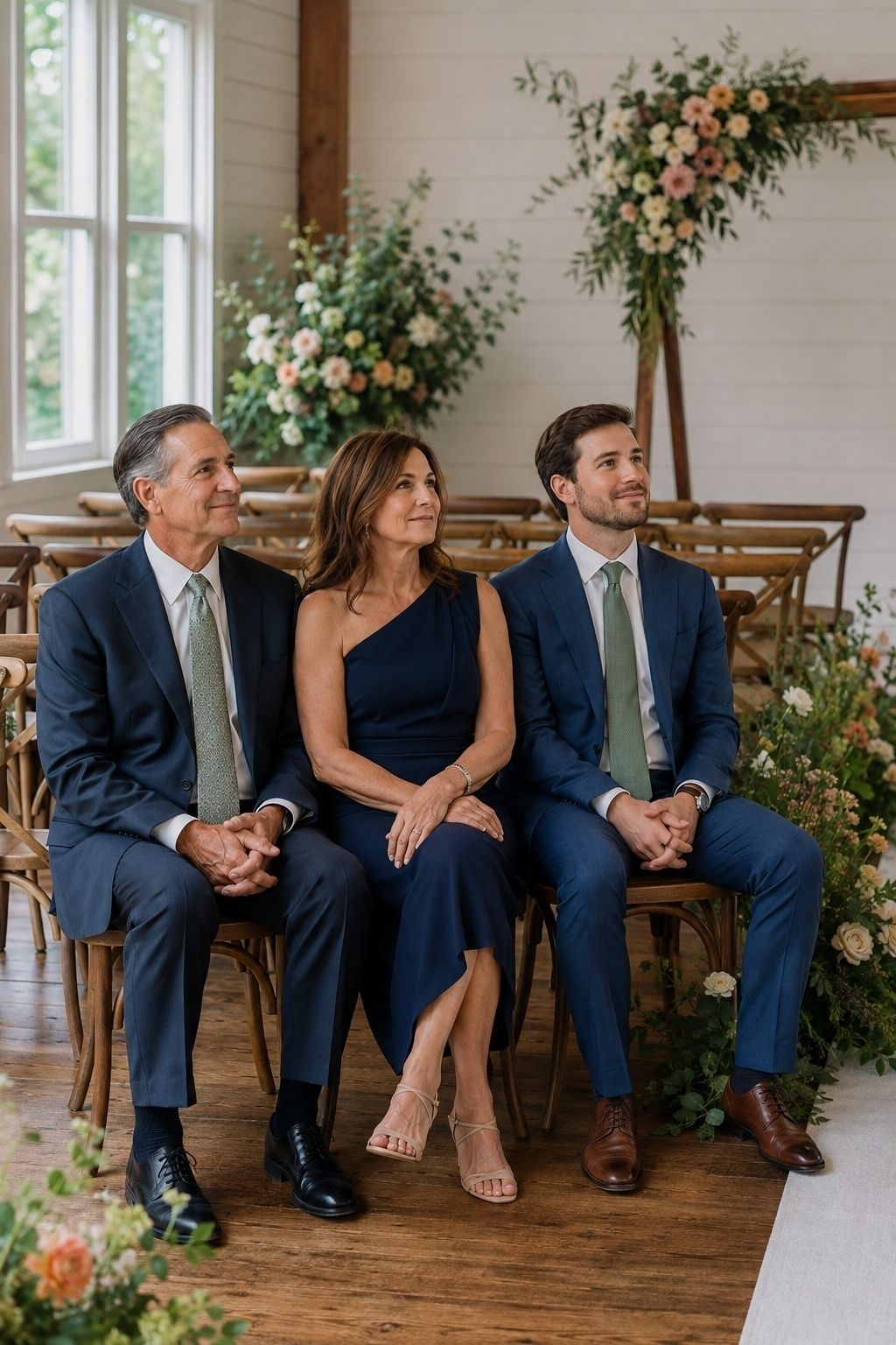 Front-row family seated attentively with relaxed hands and phones away at an intimate ceremony