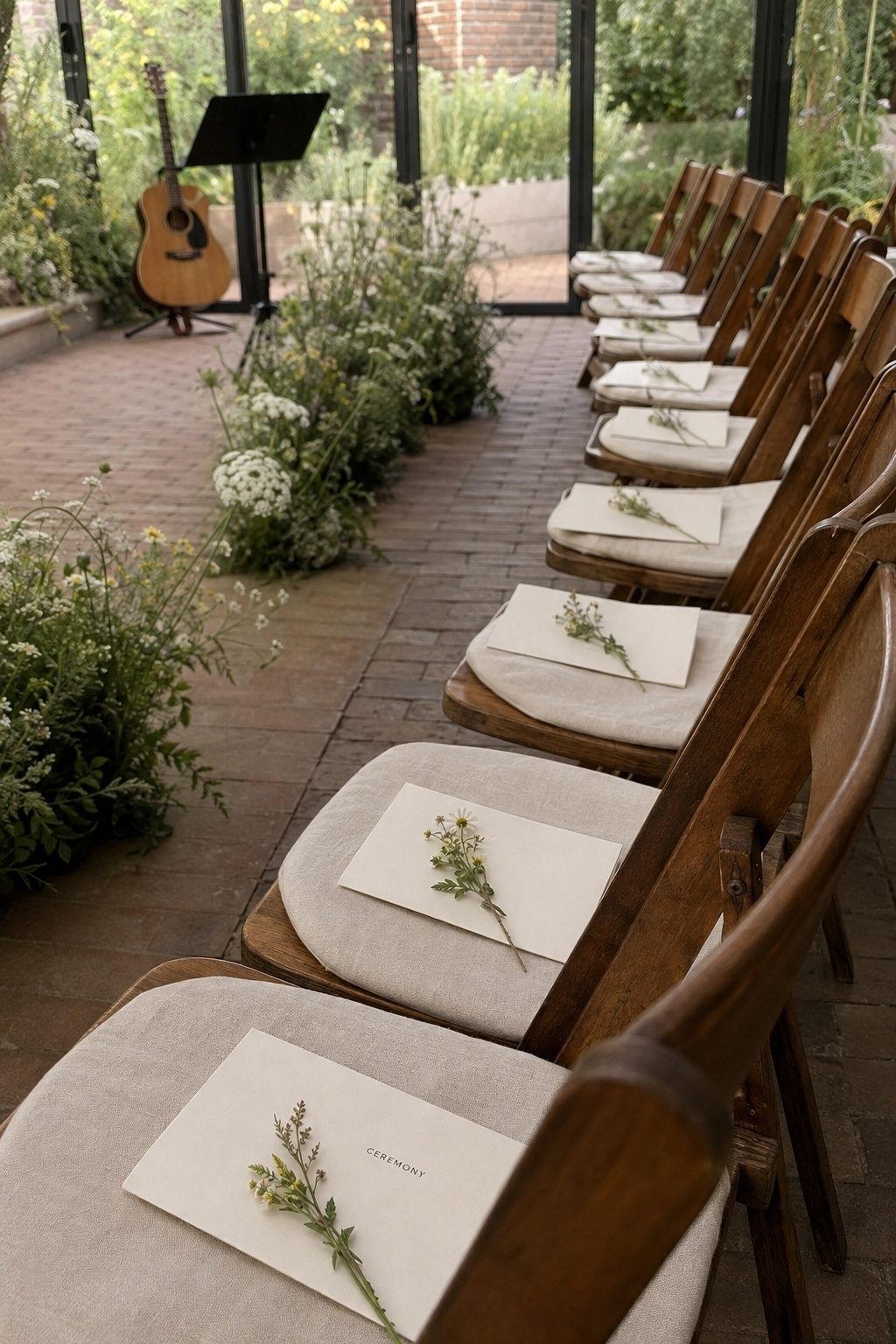 Ceremony programs on each chair with an acoustic guitar ready for the wedding prelude