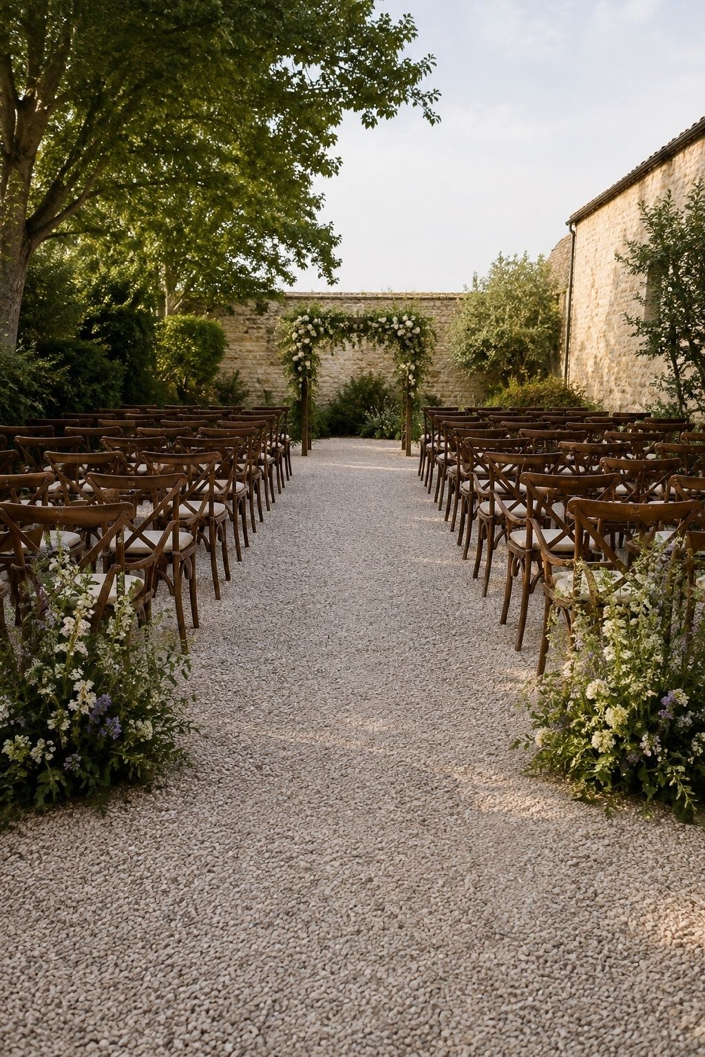 Wide unobstructed wedding ceremony aisle with chairs and flowers kept clear of the recessional lane