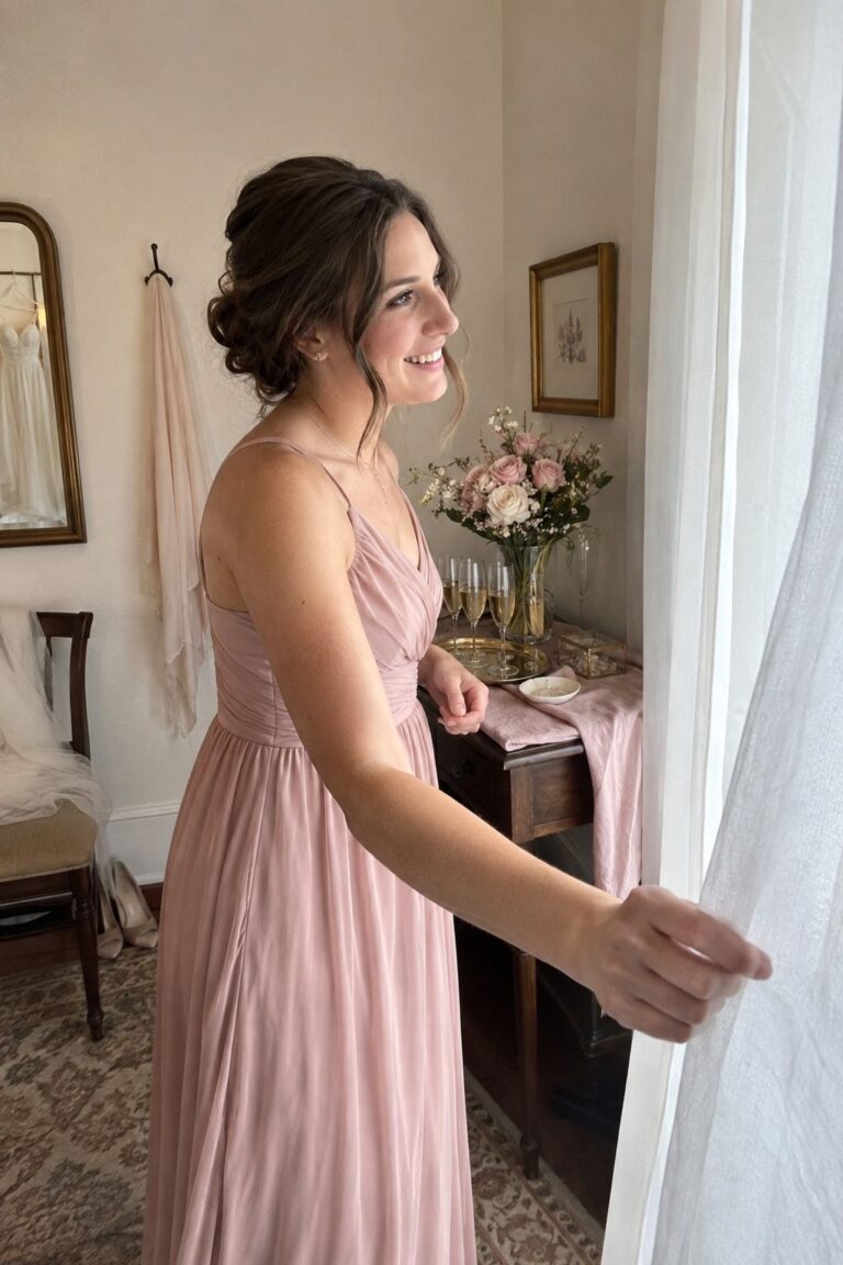 Bridesmaid in a blush dress opens a curtain beside pale roses and champagne accents at a small winter wedding.
