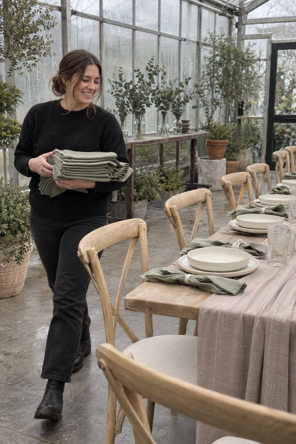 Coordinator carries sage linens beside cream tables and greenhouse greenery at an intimate winter wedding.