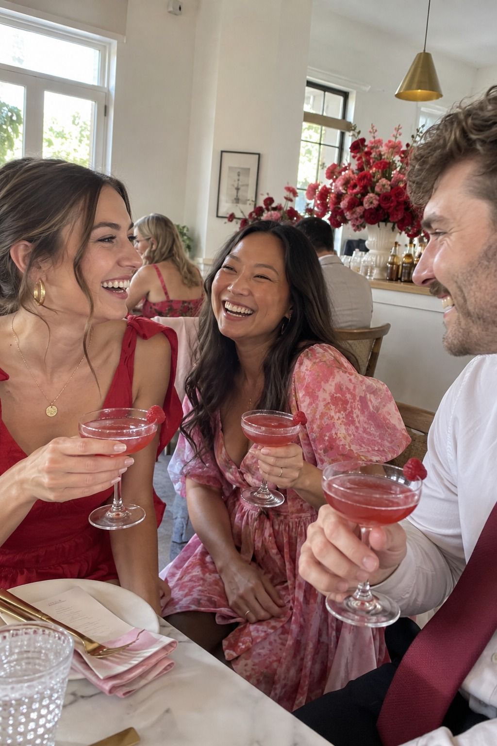 Three wedding guests laugh over raspberry drinks in a bright small cafe reception with pink and scarlet accents.