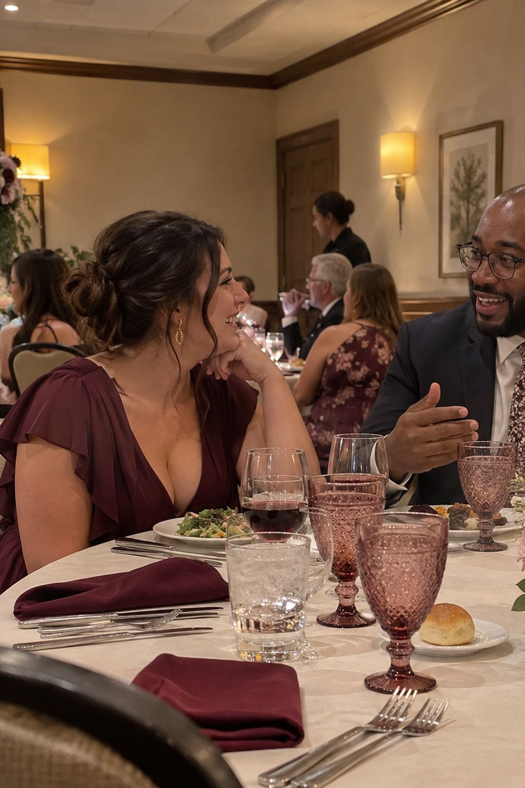 Guests at a small wedding dinner with burgundy napkins, mauve glassware, blush flowers and cream linen.