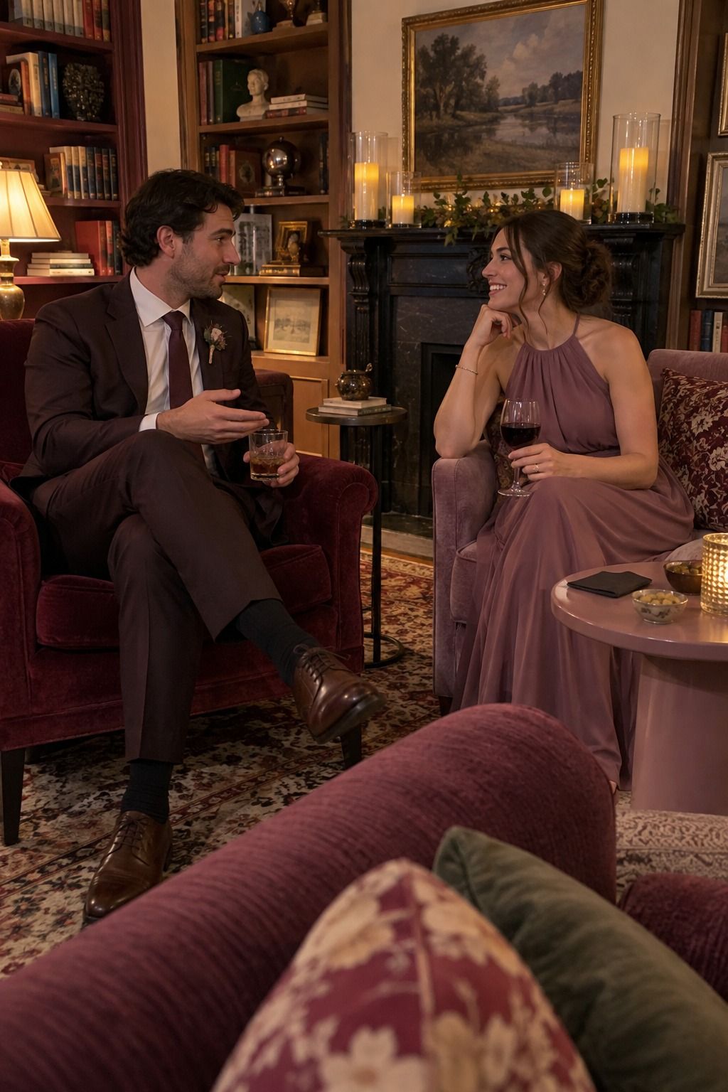 Wedding guests talk in a small library lounge with merlot, mauve and plum textiles and enclosed LED light.