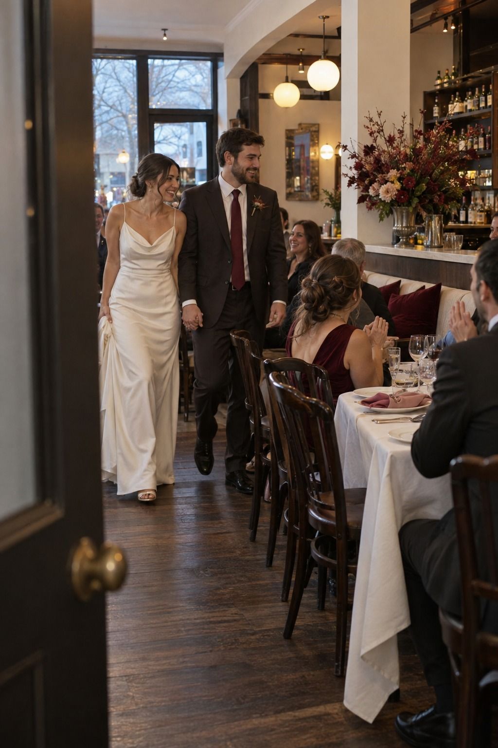 Newlyweds enter a small bistro reception with garnet cushions, rose napkins, ivory linen and espresso wood.