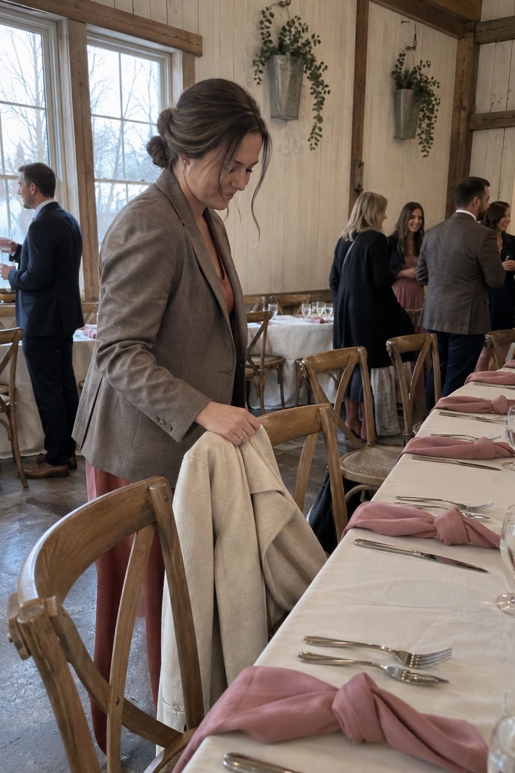 Guest hangs a coat in a small barn wedding room with dusty-rose napkins, eucalyptus greenery, cream and taupe.
